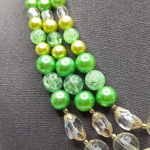 Vintage Green Faux Pearl Clear Bead Necklace, 1950s, Three Strands, 18" - Picture 3 of 13